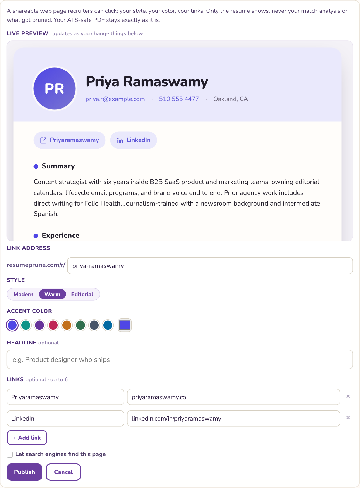 The Publish to a link panel: a live preview of the hosted resume page, a link address field, style and accent color choices, a headline field, and link rows.