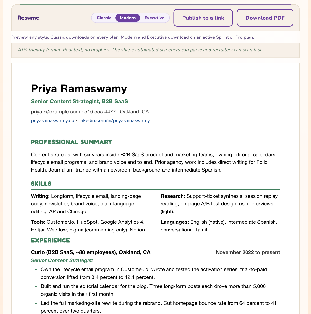 The pruned resume preview with the Classic, Modern, and Executive style picker, a Publish to a link button, a Download PDF button, and the What got pruned and why list beneath it.